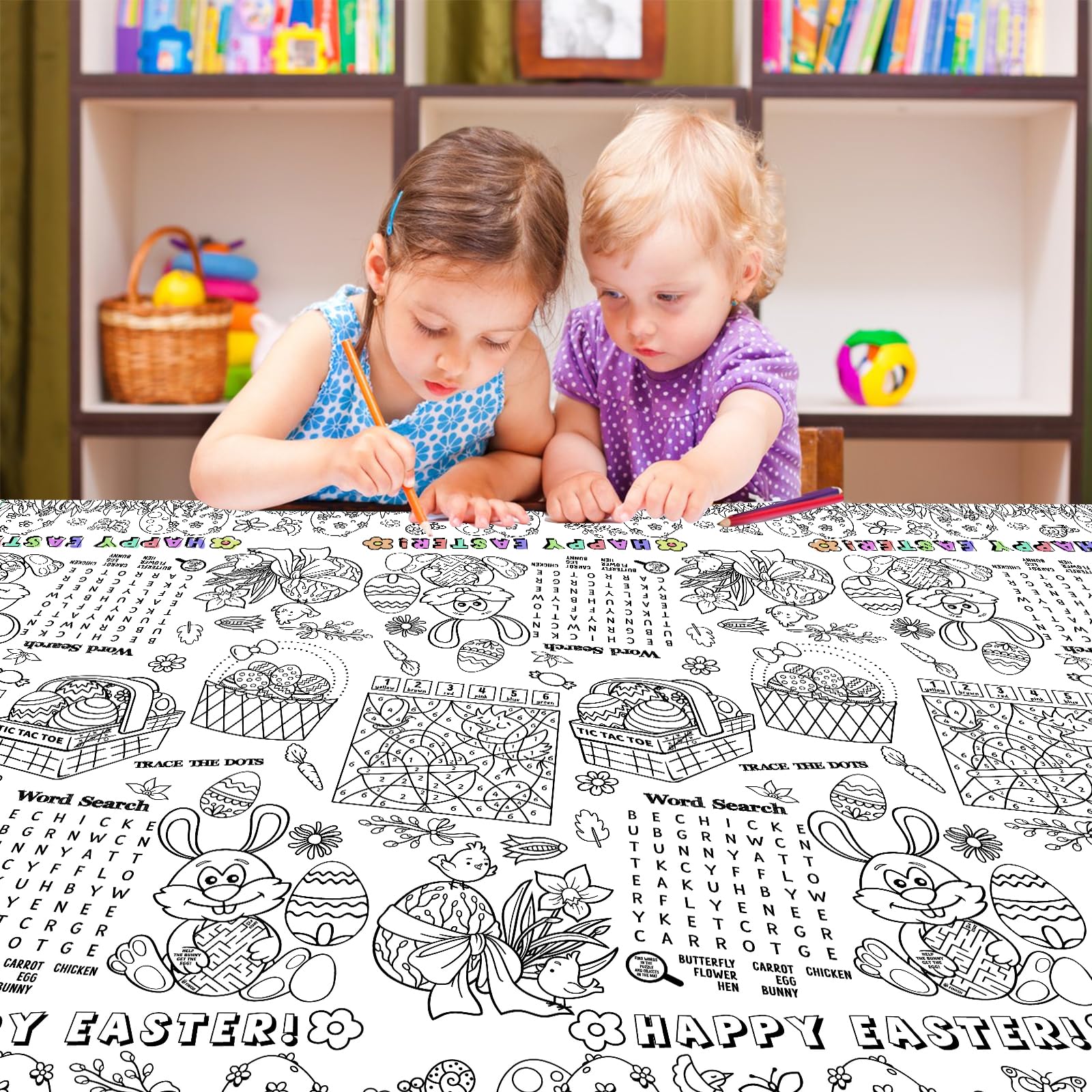 Happy Easter Coloring Tablecloth for Kids - Giant 54 x 108 Inch Easter Bunny Activity Table Cover | Spring Party Decorations, DIY Crafts & Easter Egg Hunt Supplies | Perfect for Classroom Activities & Family Gatherings