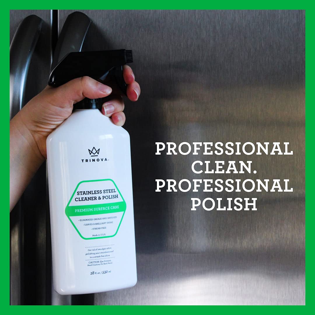 TriNova Premium Stainless Steel Cleaner & Polish Spray - 18oz Commercial Grade for Refrigerators, Microwaves, Kitchen Appliances | Includes Microfiber Cloth | Removes Fingerprints, Streaks & Oxidation | Perfect for Restaurants, Home Kitchens & Food Service Areas