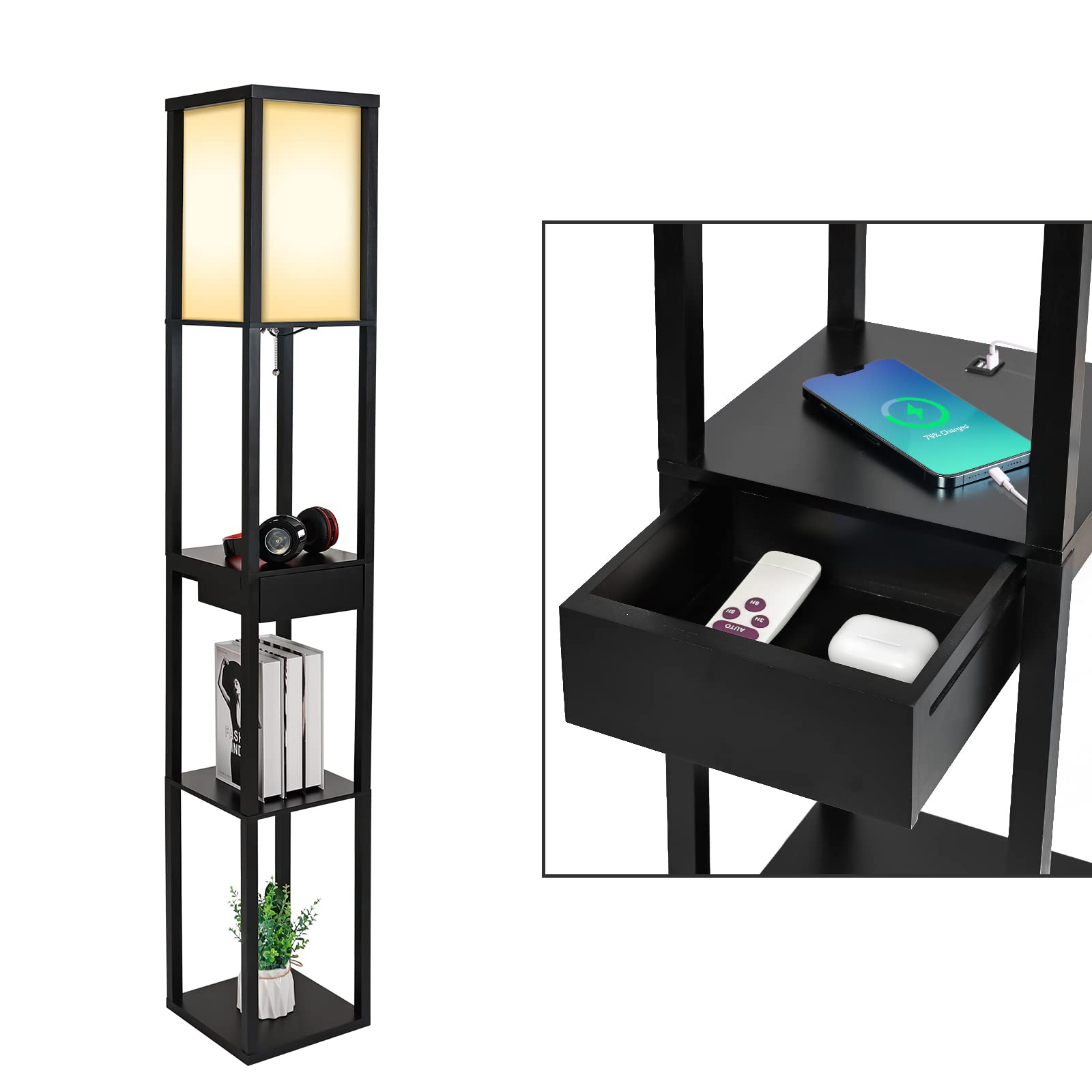 PULUOMIS 3-Tier Floor Lamp with Shelves, LED Bulb, 2 USB Ports & Drawer - Modern Standing Lamp for Living Room, Bedroom, Office - Perfect for Reading, Charging Devices & Home Decor (Black)