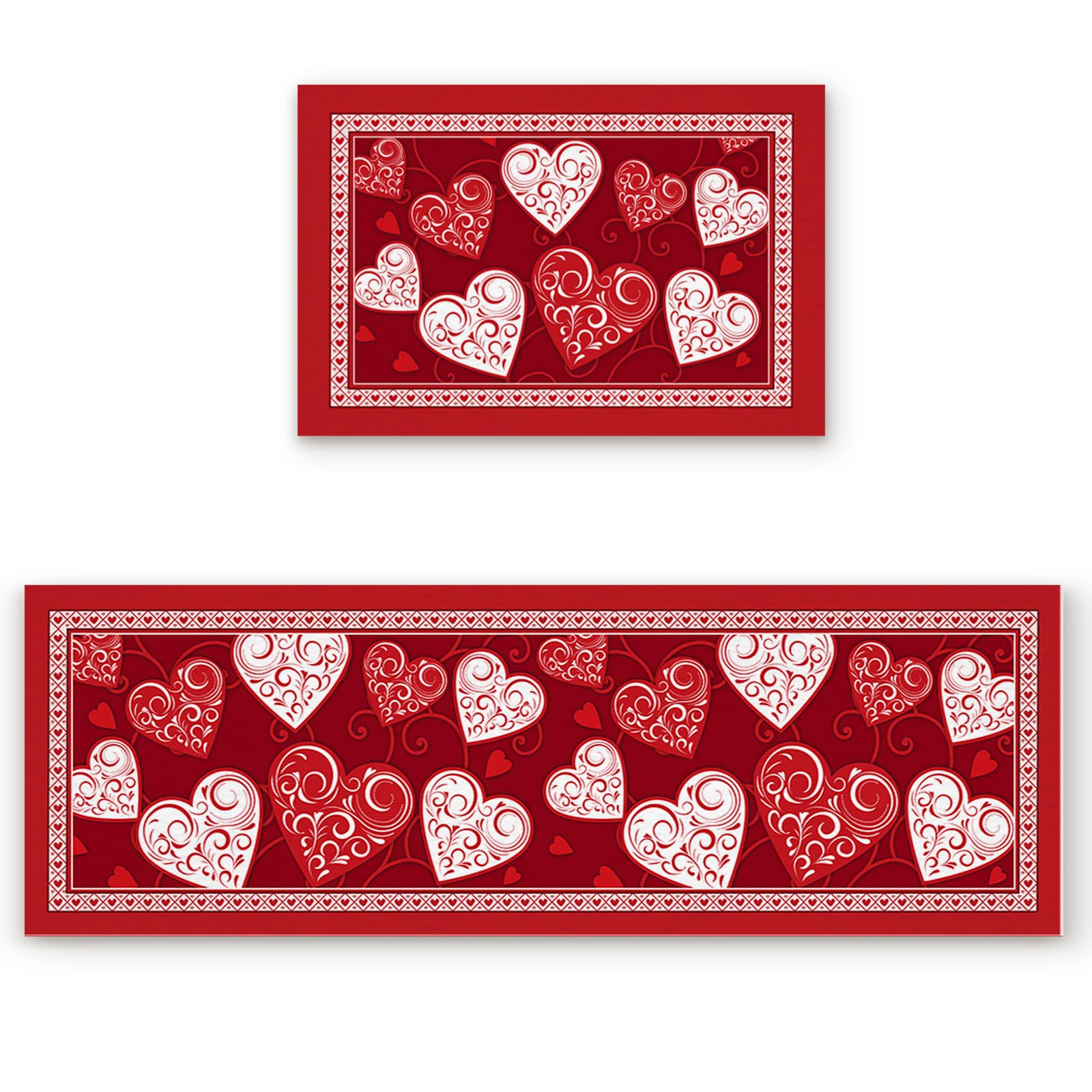 Valentine's Day Heart Stripes Non-Slip Kitchen Rugs and Mats Set - 2PC Absorbent Washable Floor Runner for Sink Area, Romantic Red Home Decor - Perfect for Kitchen, Laundry Room, and Entryway