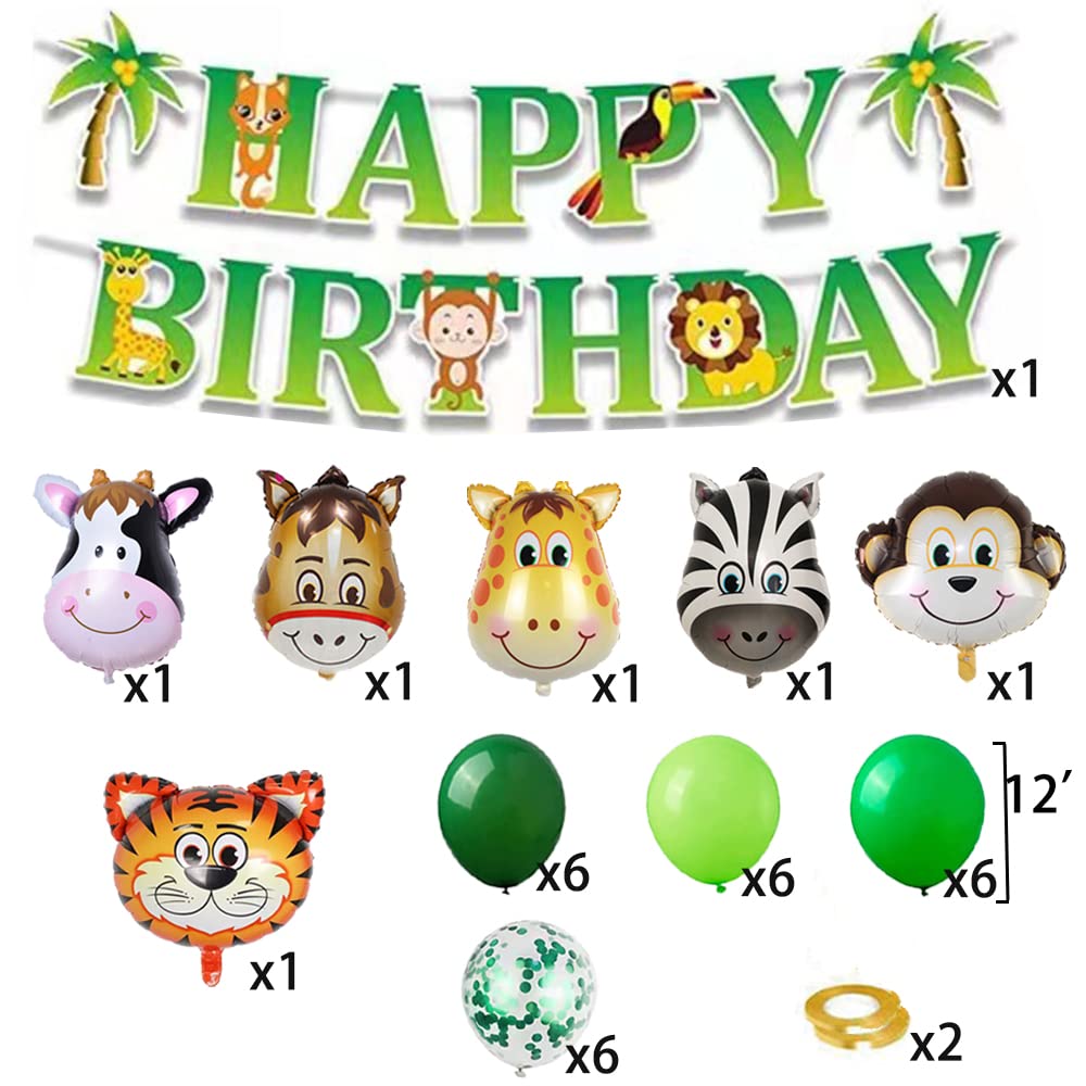 Jungle Wildlife Themed Party Decorations Set - Kids Zoo Birthday Supplies with Happy Birthday Banner, Animal Balloons (Tiger, Zebra, Monkey, Cow, Deer, Donkey) & Green Balloons - Perfect for Safari Birthday Parties, Baby Showers & Wild Animal Themed Events