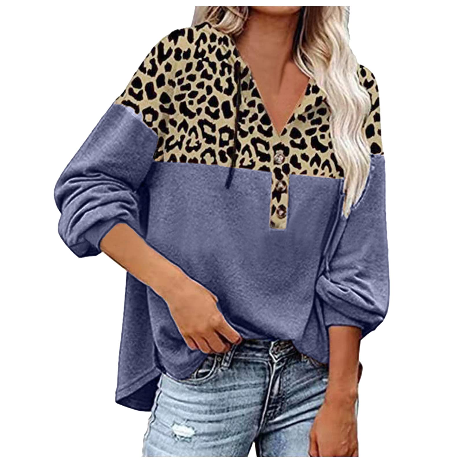 Women's Long Sleeve V-Neck Blouse - Loose Fit Button Down Tunic Top with Leopard Print - Casual Office Wear & Everyday Fashion