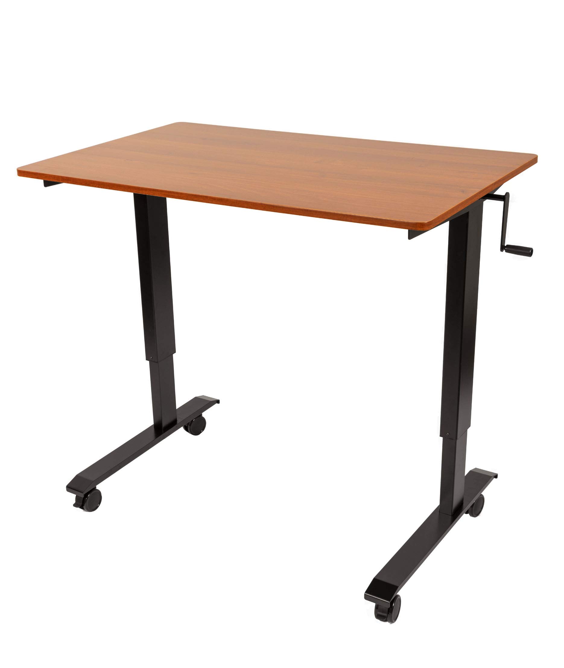 Adjustable Standing Desk with Wheels - Black Frame & Teak Top for Home Office