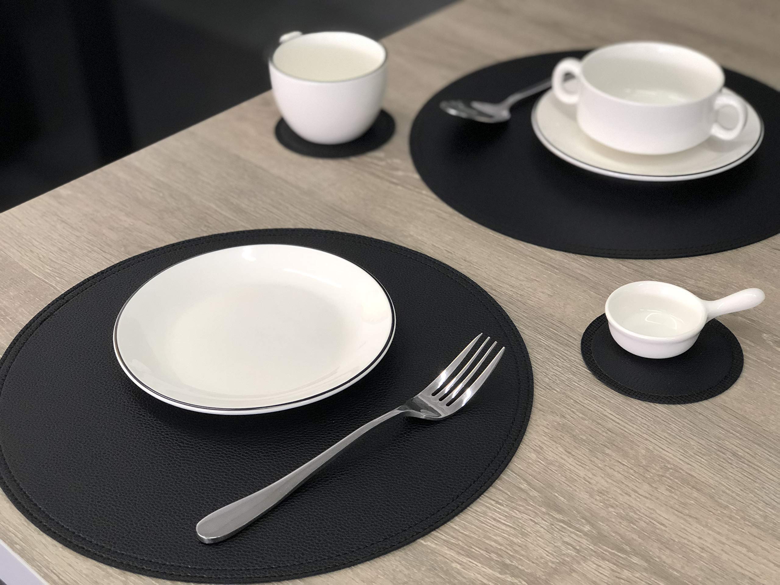8-Pack Faux Leather Round Placemats and Coasters Set - Waterproof, Stain-Resistant Dining Table Mats for Kitchen, Coffee Table, and Home Decor - Perfect for Everyday Meals, Dinner Parties, and Holiday Gatherings