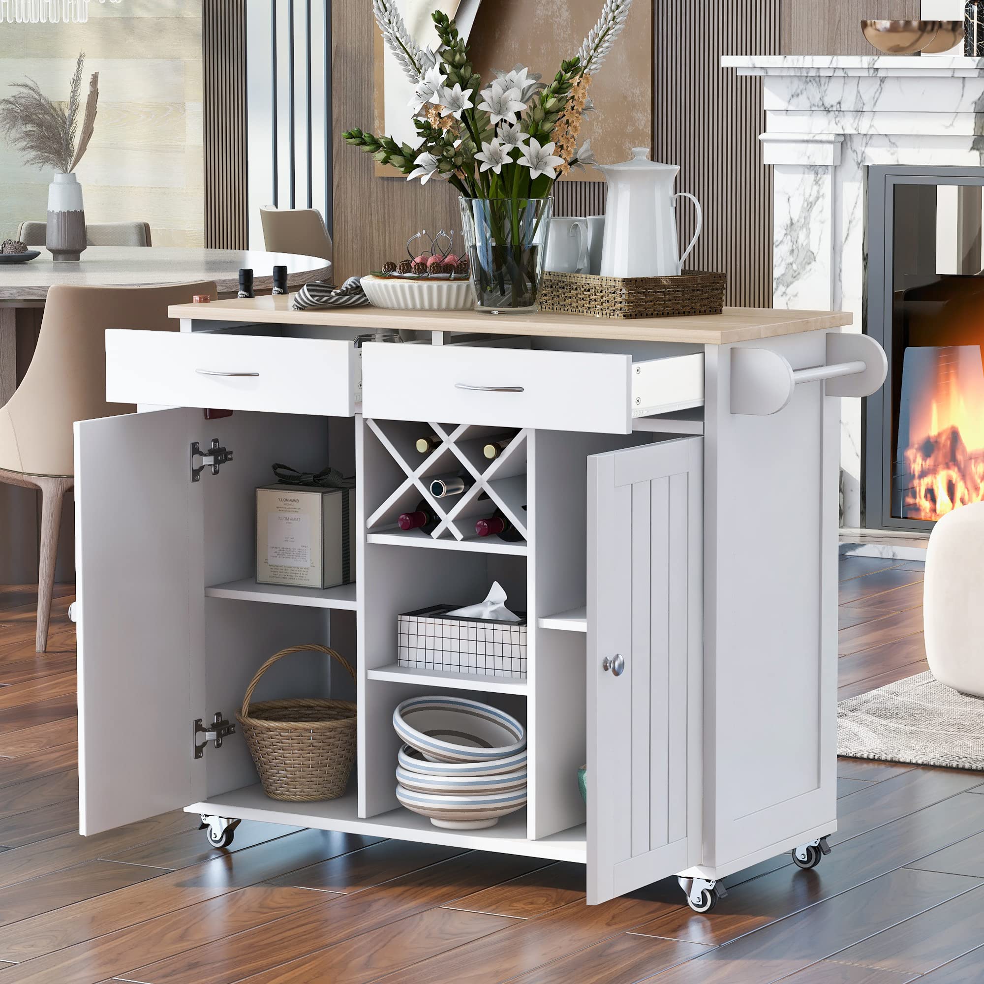 Modern Kitchen Island Cart with Storage Cabinets, 2 Drawers & Wine Rack - Mobile Kitchen Organizer with 4 Locking Wheels - Perfect for Small Kitchens, Dining Rooms & Hallways (White)