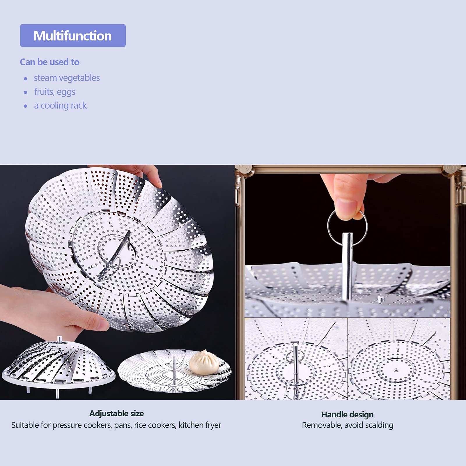Stainless Steel Collapsible Vegetable Steamer Basket - Extra Large with Anti-Hot Handle & Non-Slip Legs | Perfect for Healthy Cooking, Steaming Vegetables, Dumplings & Seafood