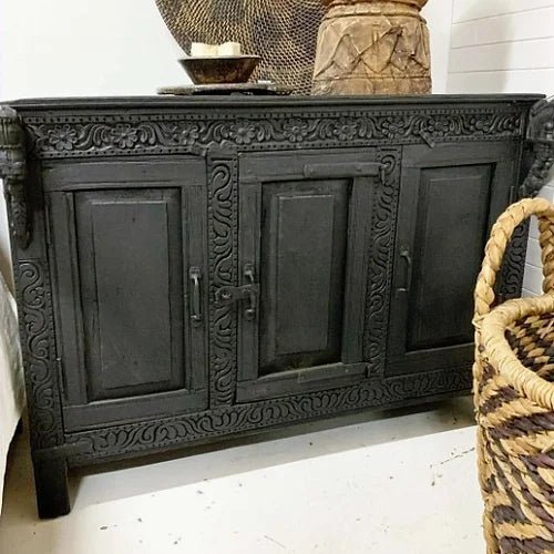 Hand Carved Black Buffet Table - Solid Wood Credenza for Dining Room, Living Room & Entryway Storage | Elegant Home Decor Furniture