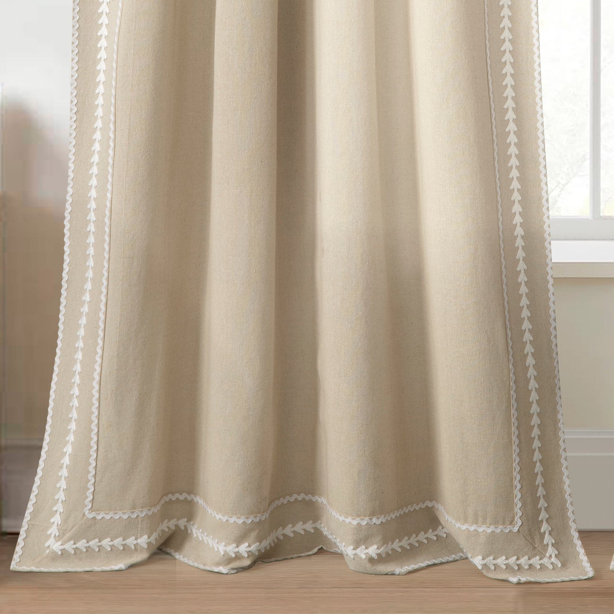 Olivia Ric Rac Embroidery Border Window Curtain Panel - Elegant Lace Trimmed Drapes for Living Room, Bedroom & Kitchen Decor