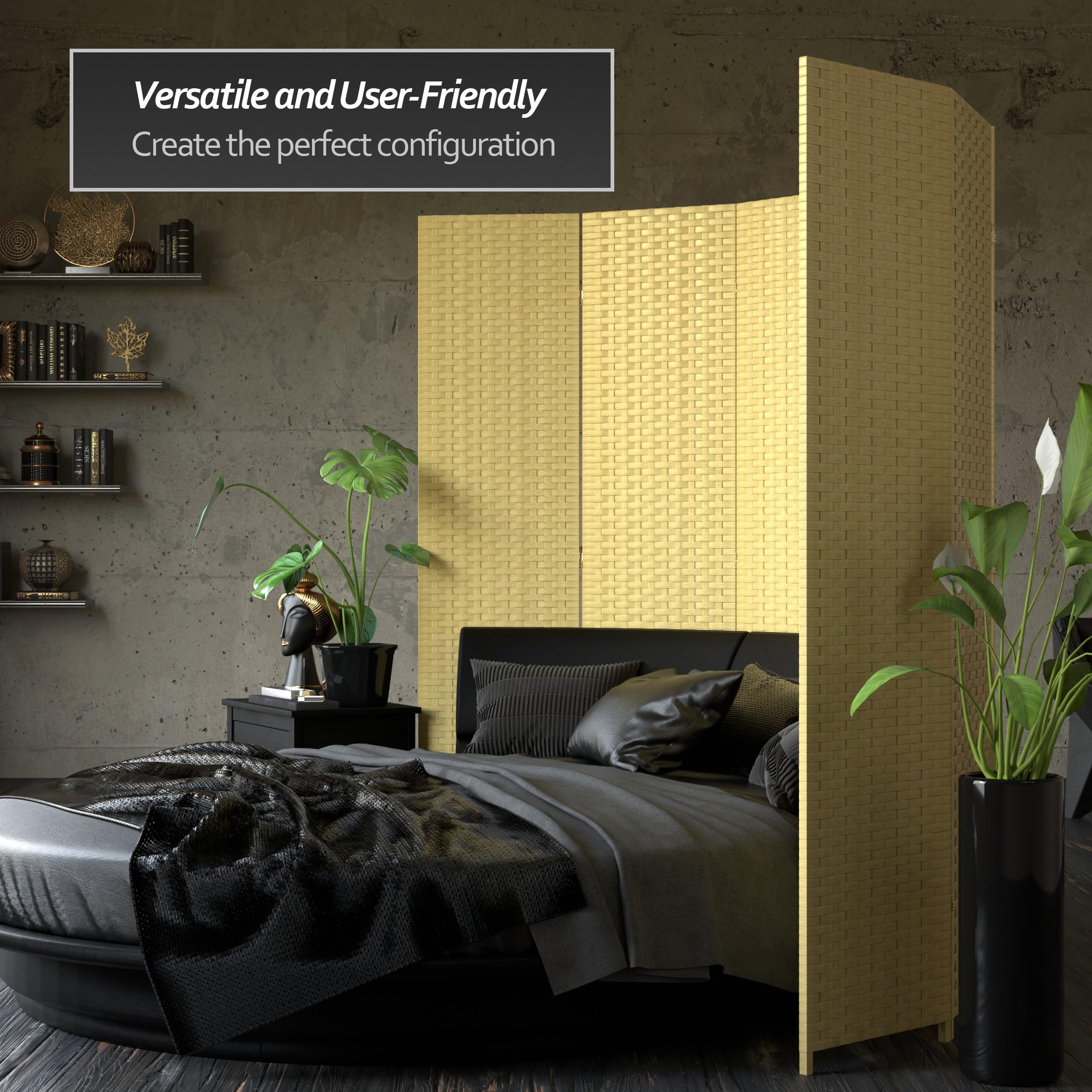 7 ft Tall Red Lantern Woven Fiber Room Divider - Dark Beige 4-Panel Folding Screen for Home Decor, Office Partition & Asian-Themed Spaces