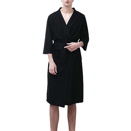 Lightweight Men's Waffle Kimono Robe - 3/4 Sleeve Knee Length Bathrobe for Spa, Lounge & Sleepwear - Breathable Cotton Shower Robe for Relaxation at Home or Hotel
