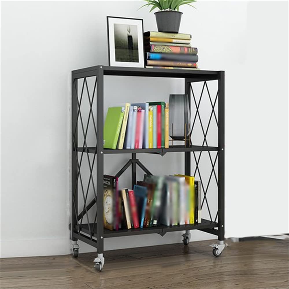 3-Tier Heavy Duty Metal Storage Shelf with Wheels - Foldable Freestanding Shelving Unit for Kitchen, Pantry, Closet, Garage (Black, 28