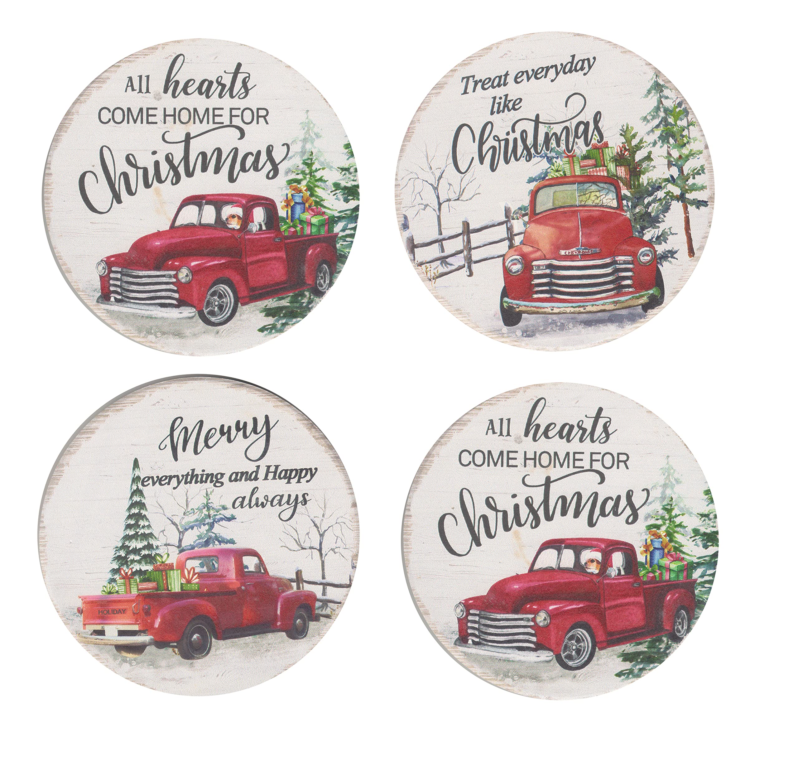 Christmas Ceramic Coasters Set of 4 - Red Truck & Car Holiday Theme with Cork Backing - 3.75 Inch Round Drink Coasters Featuring Festive Phrases & Scenes - Perfect for Holiday Parties, Home Decor & Gift Giving