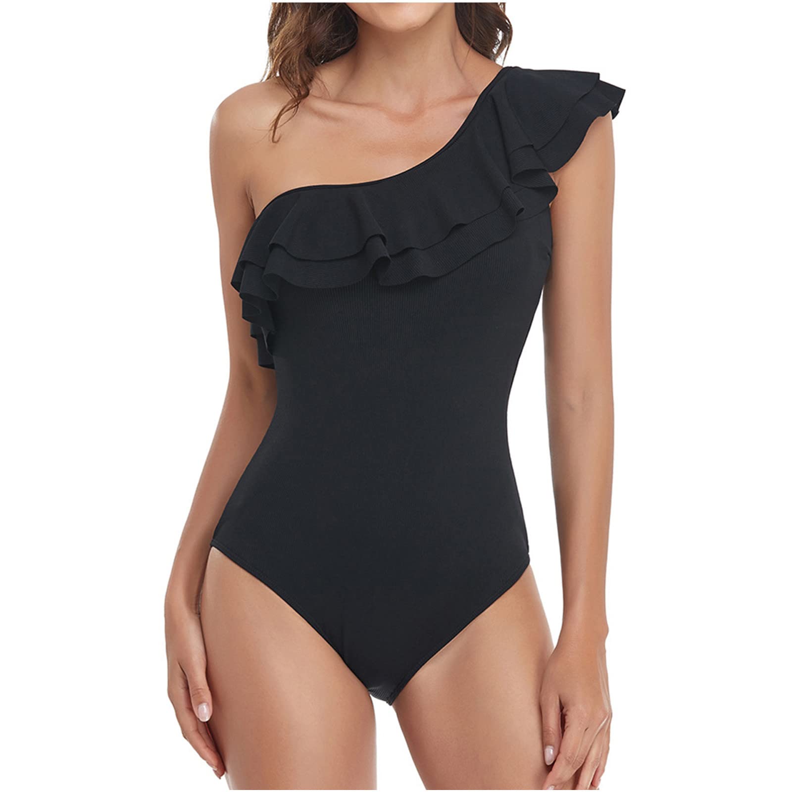RFUGUG Women's One Shoulder Asymmetric One Piece Swimsuit with Ruffles & Tummy Control - Sexy Beachwear for Pool, Vacation & Summer Activities
