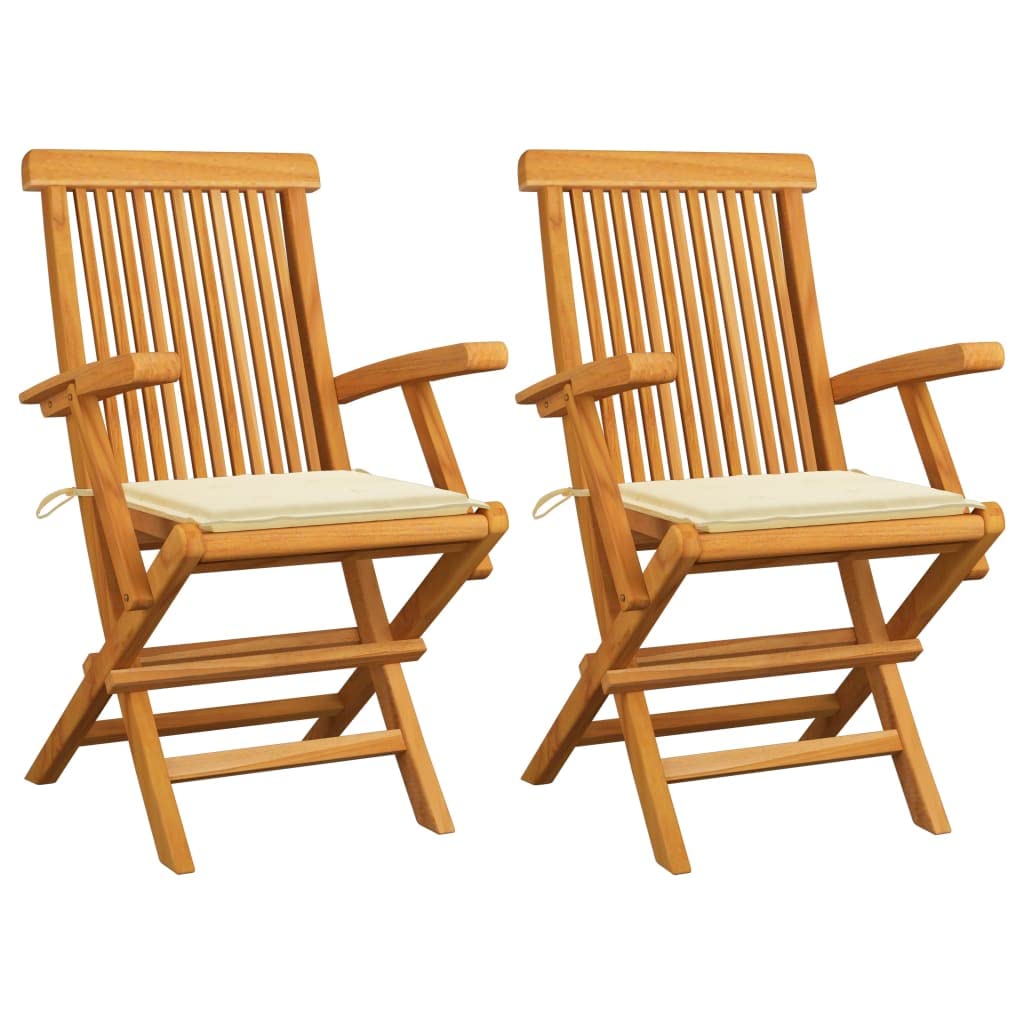 2X Solid Acacia Wood Patio Chairs with Cream Cushions - Foldable Outdoor Dining Armchairs for Garden, Backyard, Deck & Poolside - Weather-Resistant Wooden Furniture for Relaxing & Entertaining
