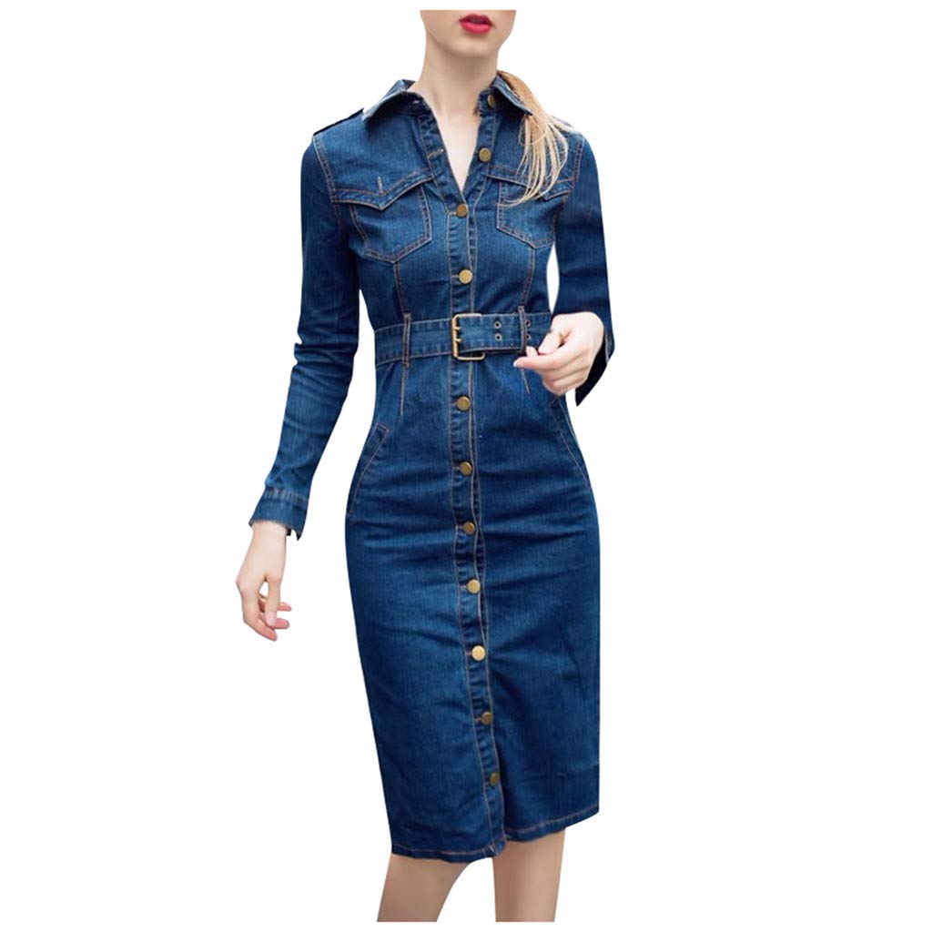 Vintage Denim Long Sleeve Casual Dress for Women - Olive Green Mid-Length Single Breasted Summer Dress | Perfect for Beach Outings, Picnics & Date Nights