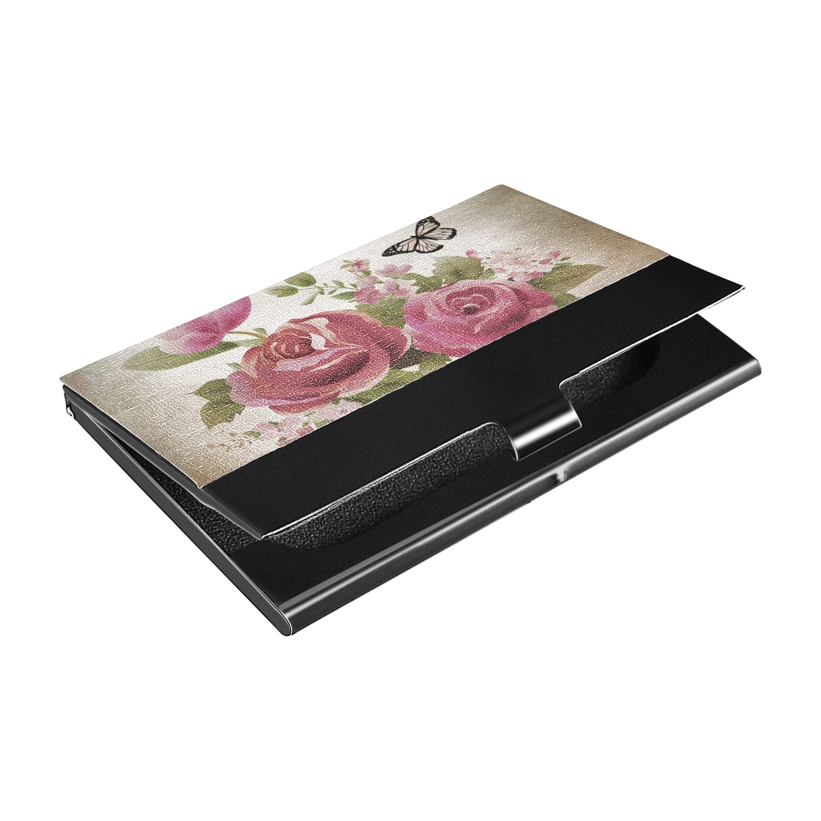 Vintage Rose & Butterfly Business Card Holder - PU Leather & Metal Name Card Case with Clip for Women & Men - Perfect for Office, Meetings, and Professional Networking