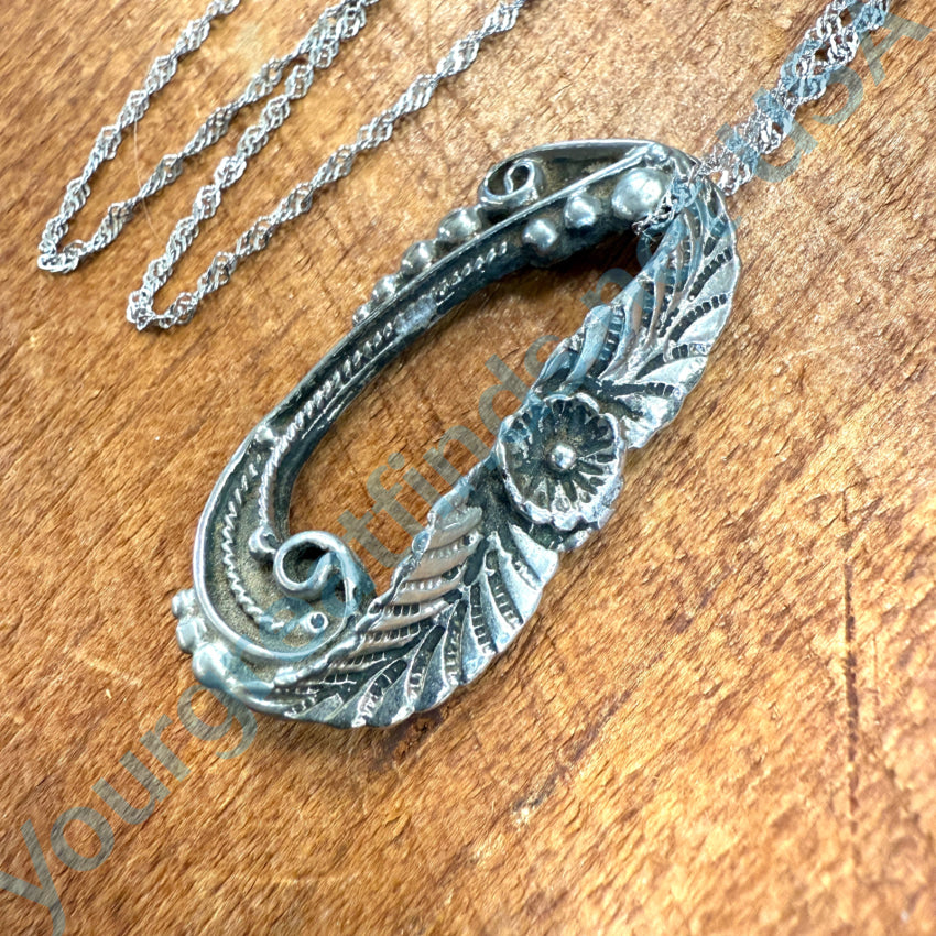 Vintage Sterling Silver Flower & Feather Appliqué Necklace – Elegant Handmade Jewelry for Women, Perfect for Weddings, Parties & Special Occasions