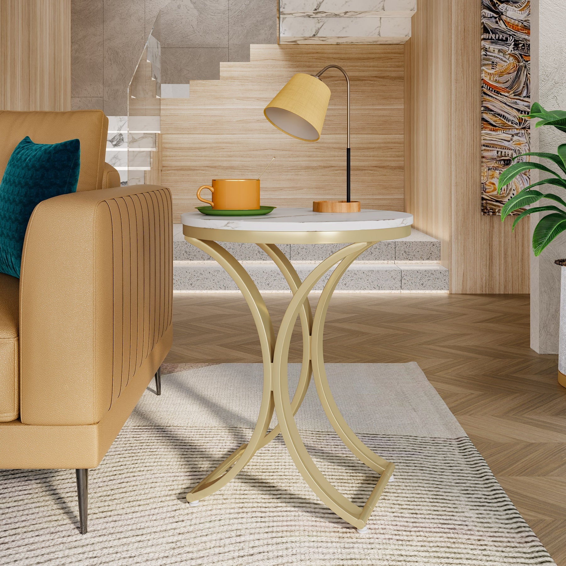 Round End Table with Metal Frame - Small Sofa Side Table & Coffee Table for Living Room, Bedroom, or Office - Modern Accent Furniture for Home Decor