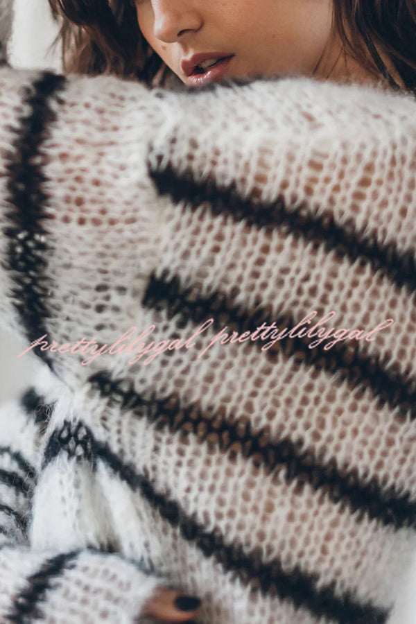 Cozy Striped Knit Sweater for Women - Soft Fluffy Winter Pullover - Casual Loose Fit Long Sleeve Top for Fall & Winter | Perfect for Office, Date Night & Weekend Outings