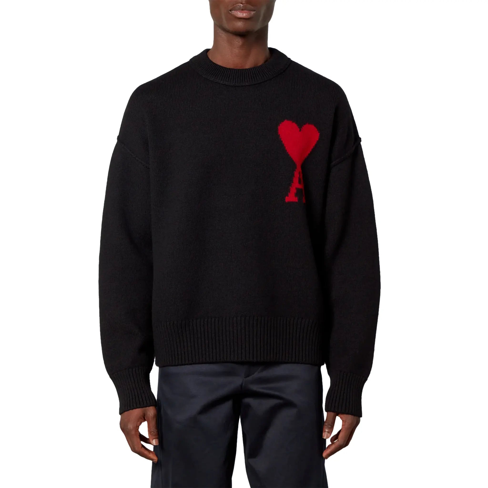 Ami Paris Red Ami De Coeur Logo Intarsia Off Black Sweatshirt for Men - Casual Pullover Hoodie for Streetwear & Everyday Fashion