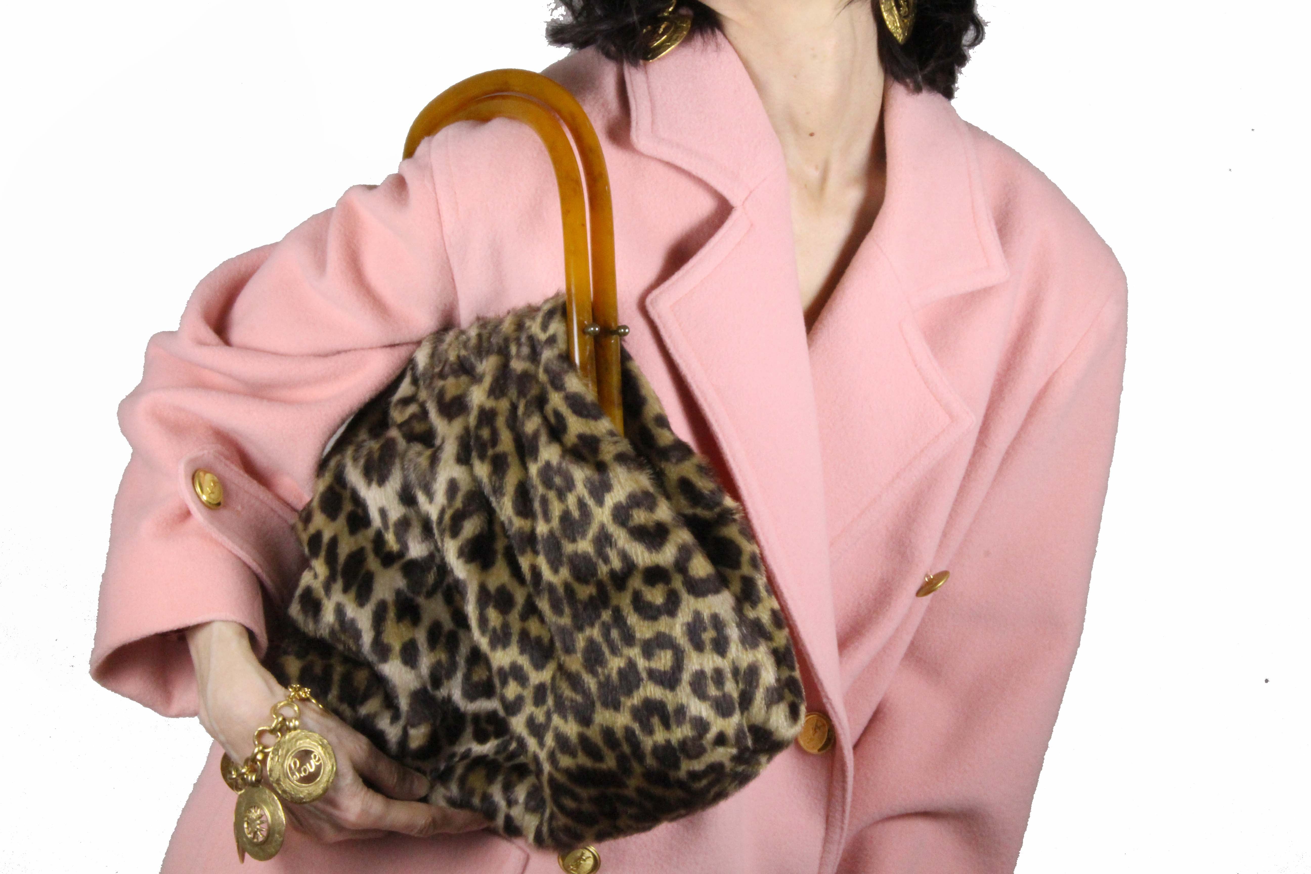 Stylish MORRIS MOSKOWITZ Leopard Print Tortoiseshell Lucite Handles Frame Bag - Perfect for Women's Fashion Accessories, Evening Parties & Special Occasions