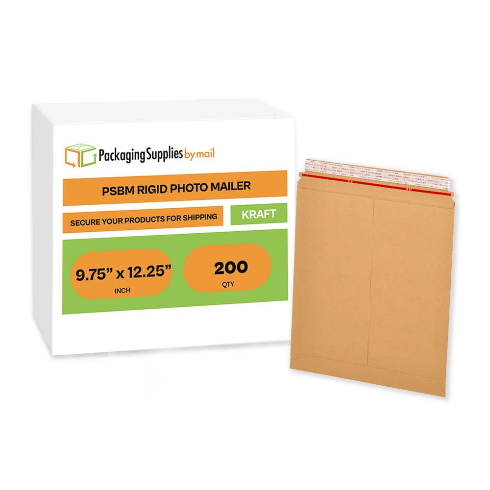 PSBM 9.75x12.25 Inch Rigid Mailers - 200 Pack Kraft Brown Cardboard Shipping Envelopes for Photos, Documents & Small Packages | Self-Seal Design | Perfect for Ecommerce, Office Mail & Online Selling