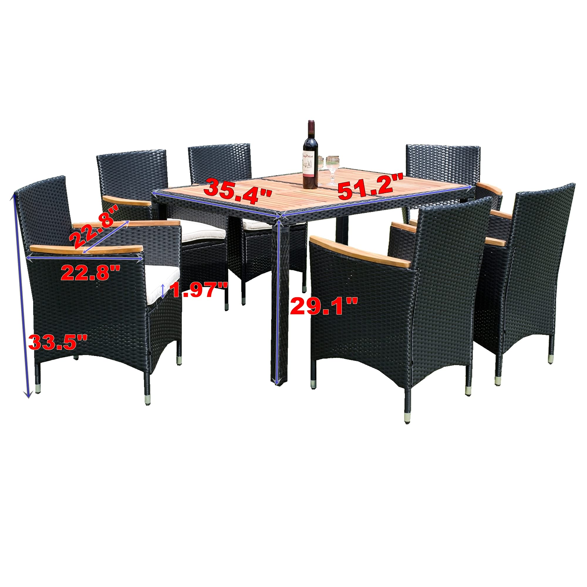 EMKK 7-Piece Patio Dining Set - Acacia Wood & Wicker Outdoor Furniture with Rectangular Table & 6 Cushioned Chairs - Perfect for Garden, Backyard, Poolside & Outdoor Entertaining
