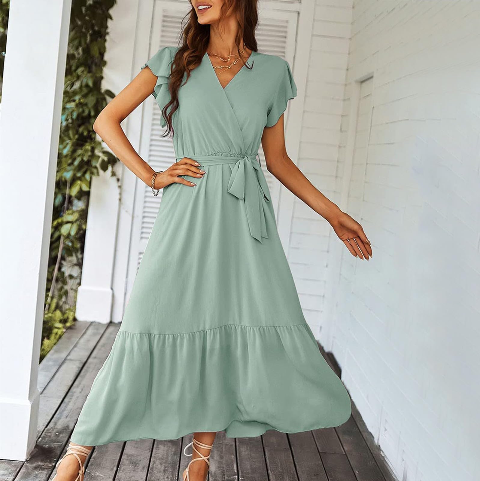 Women's Summer Boho Wrap Dress - V Neck Short Sleeve Flowy Maxi Dress with Belt & Ruffle Hem | Perfect for Beach Vacations, Date Nights & Summer Parties