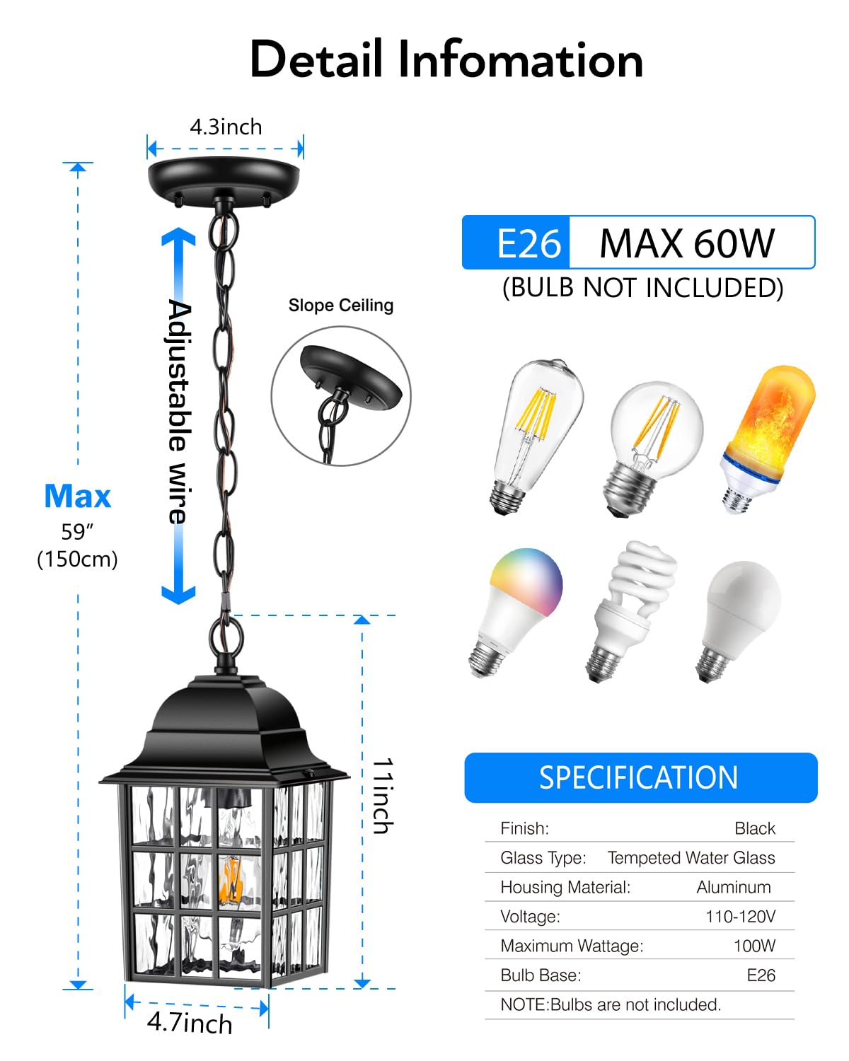 VIANIS Black Outdoor Pendant Lights - Rust-Resistant Aluminum Farmhouse Lantern for Porch, Garage, Entryway & Gazebo - Durable Tempered Ripple Glass Chandelier (Perfect for Patio, Deck, and Outdoor Dining Areas)