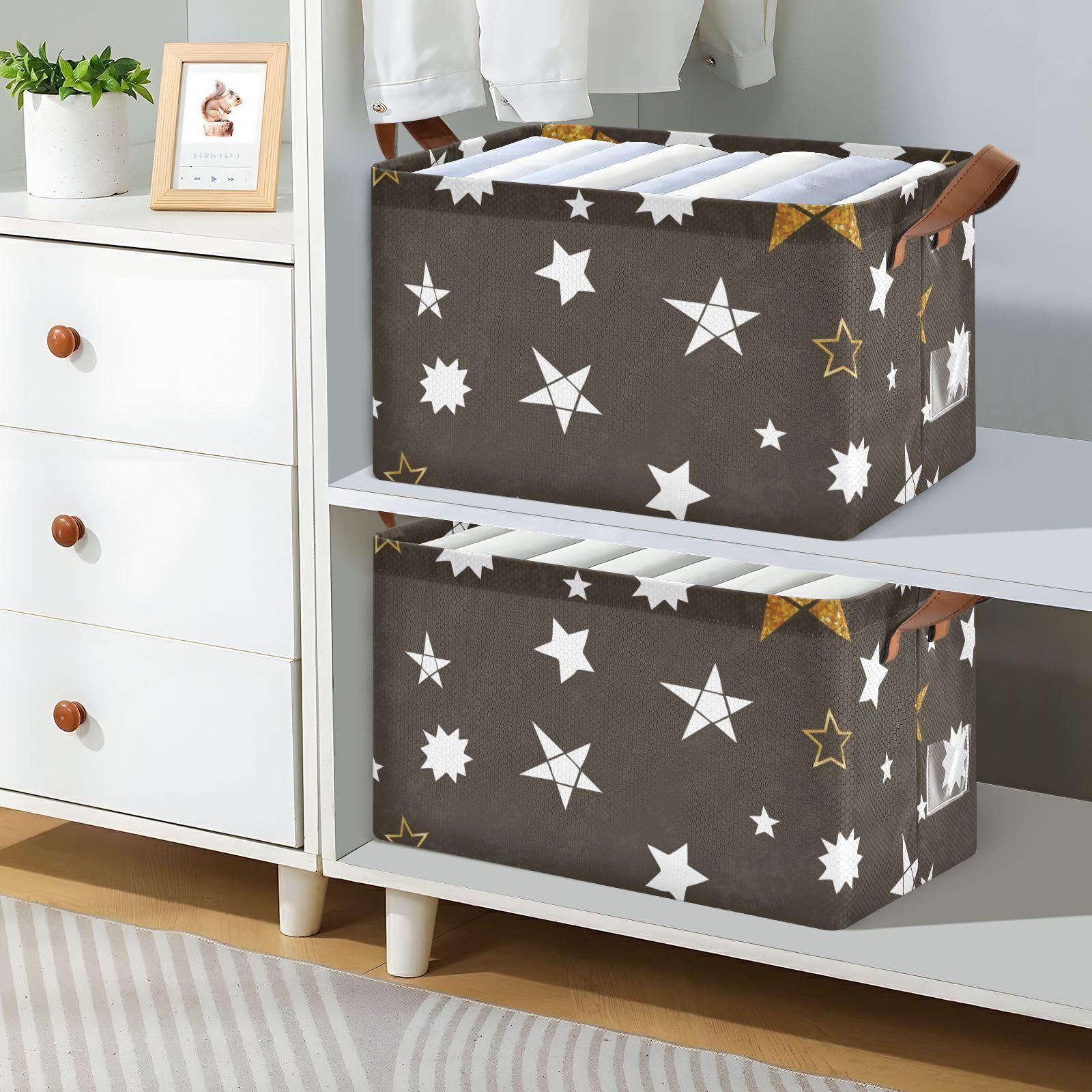 Minimalist Brown Star Fabric Collapsible Storage Baskets with Handles - 2 Pack Organizer for Books, Shelves & Closet | Perfect for Home, Office & Nursery Organization