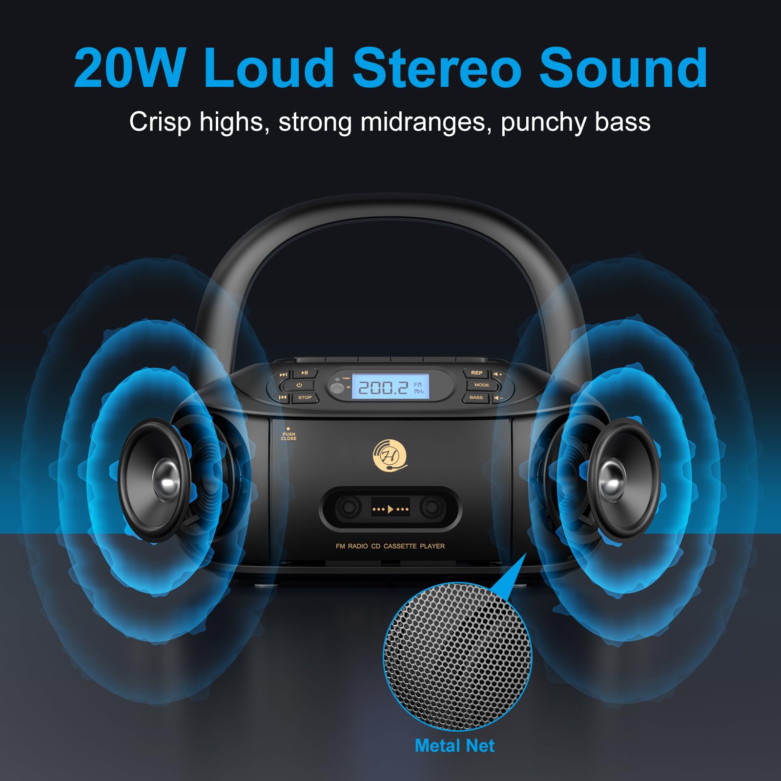 Hernido Portable Boombox with CD Cassette Player Combo, FM Radio, Rechargeable Stereo Speakers, Super Bass, AUX-In, USB Playback, Headphone Jack – Perfect for Home, Parties, and Outdoor Gatherings