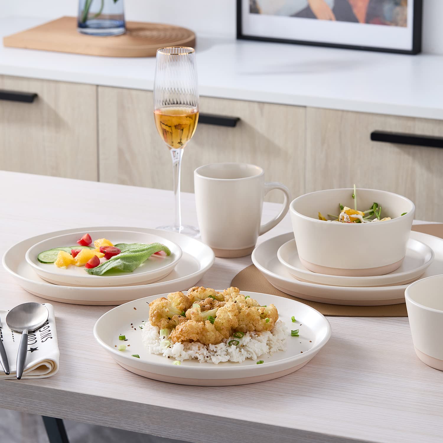 Stone Lain Jules Modern Stoneware 32-Piece Round Dinnerware Set - 8 Plates & Bowls in White for Family Dining, Entertaining & Everyday Use