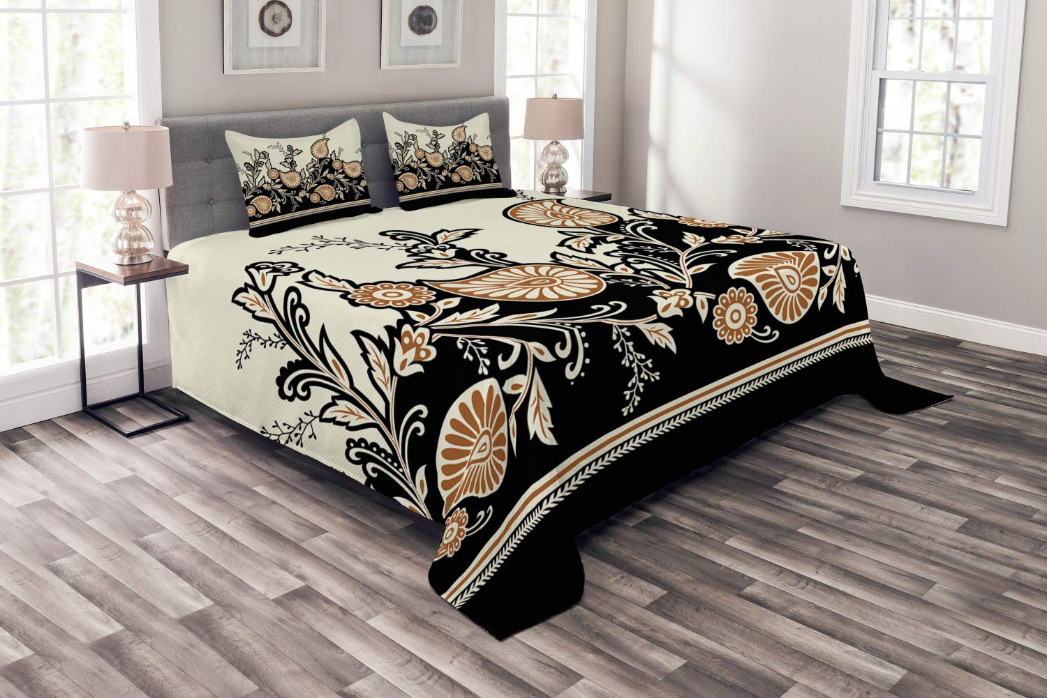 Ambesonne Brown Paisley Bedspread Set - King Size 3-Piece Quilted Coverlet with 2 Pillow Shams | Traditional Floral & Folkloric Print in Eggshell Charcoal Grey | Perfect for Master Bedroom, Guest Room & Bohemian Home Decor