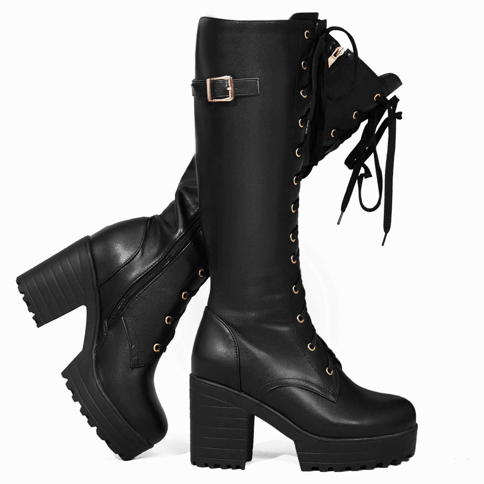 Women's Fashion Knee High Boots with Platform Block Heels - Lace Up Design for Stylish Outfits | Perfect for Fall/Winter, Office Wear & Night Out