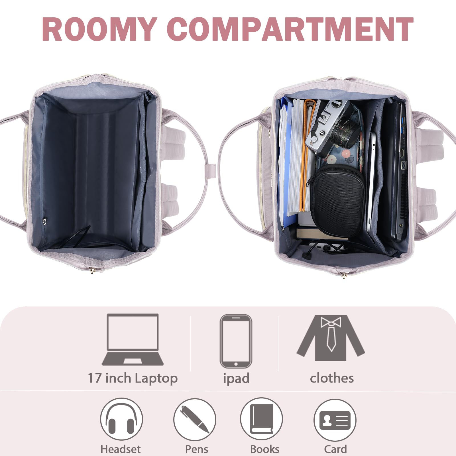KROSER 17 Inch Laptop Backpack - Water Resistant USB Charging Port College Backpack for Men & Women, Stylish Quilted Dusty Pink Daypack - Perfect for Work, Travel, School & Business Commute