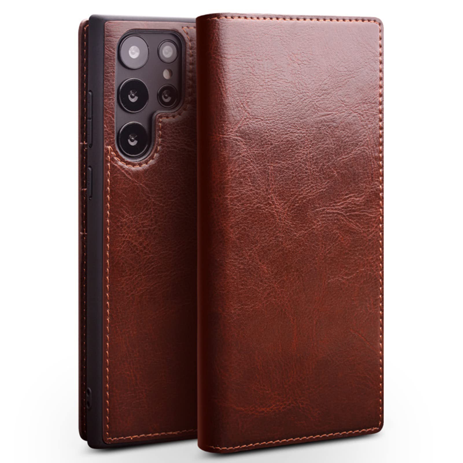 Premium Genuine Leather Flip Wallet Case for Samsung Galaxy S22/S22+/S22 Ultra 5G - Shockproof Protective Cover with Card Holder & Book Stand (Brown, Fits 6.8