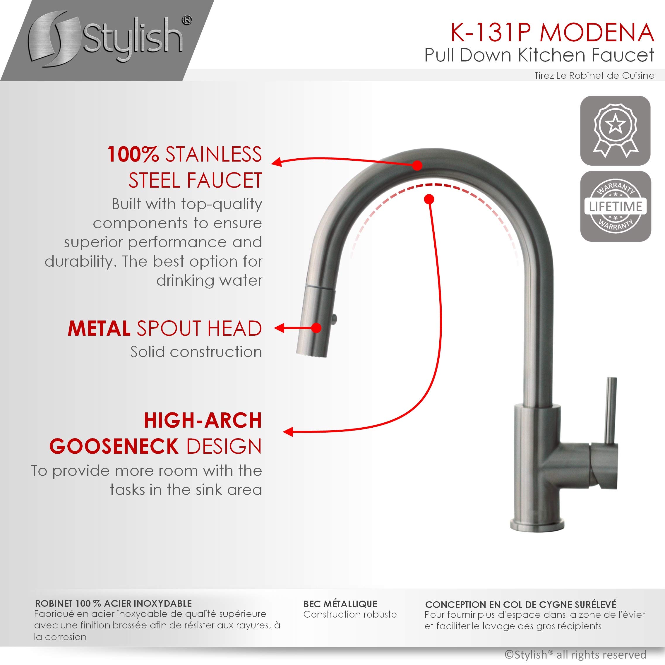 Stylish Pull Down Kitchen Faucet - 1 Handle Dual Function Sprayer with Ceramic Cartridge & Aerator | Brushed Gun Metal Stainless Steel (Model K-131P) | Perfect for Modern Kitchens & Easy Dishwashing
