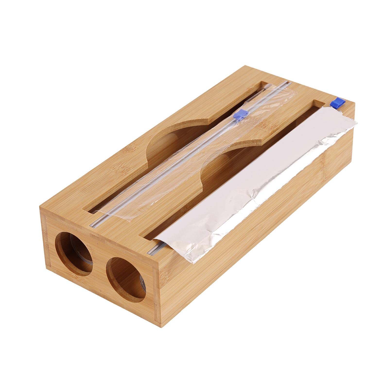 Eco-Friendly Bamboo Wrap Dispenser with Slide Cutter - Organizer for Plastic Wrap, Aluminum Foil & Wax Paper - Perfect for Kitchen Drawer Storage & Food Prep Organization