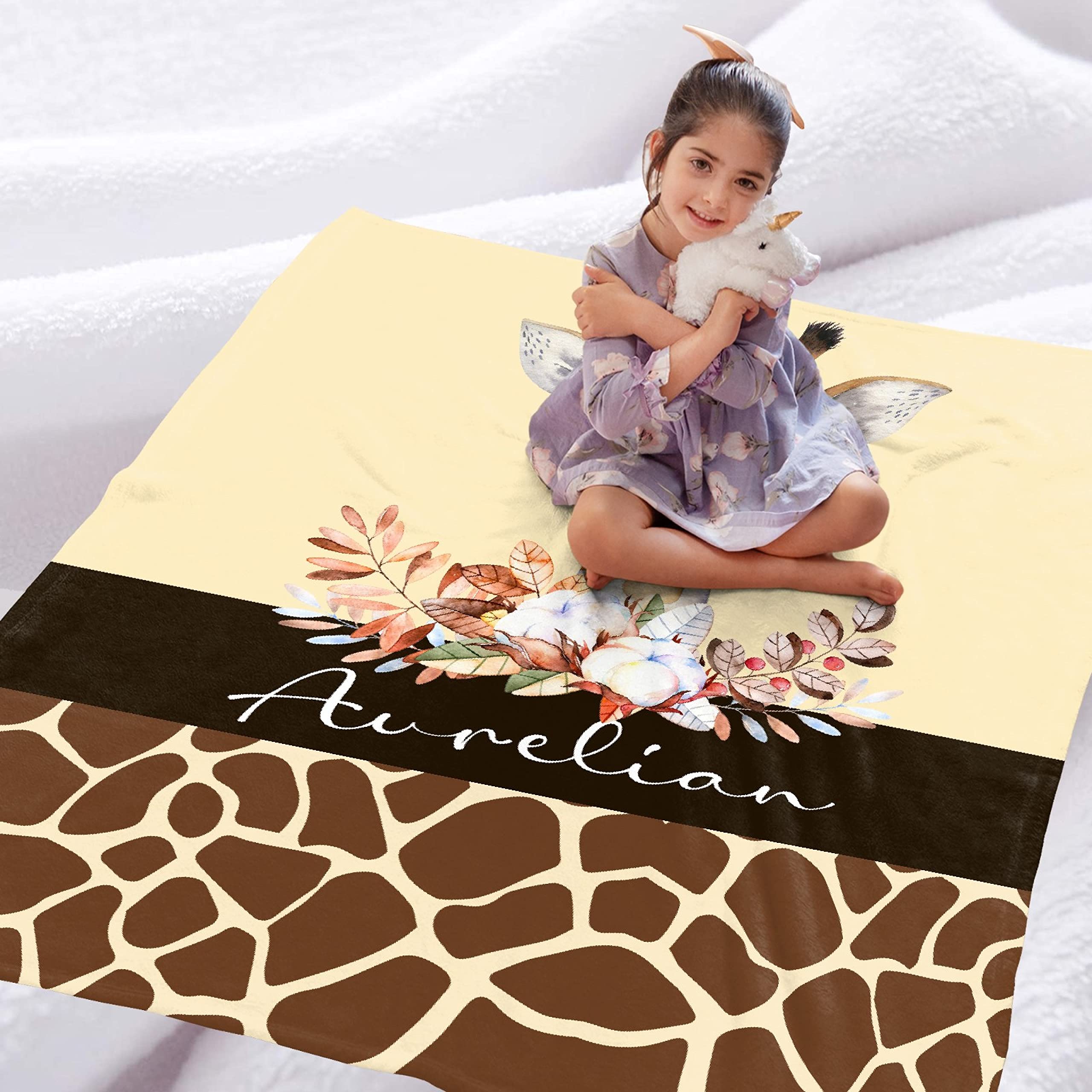 Personalized Baby Blanket with Name - Custom Giraffe & Flower Fleece Throw Blanket for Boys & Girls | Extra Large 120x90 Inch | Perfect Baby Shower, Birthday Gift for Granddaughter, Niece | Cozy Nursery & Family Cuddle Blanket