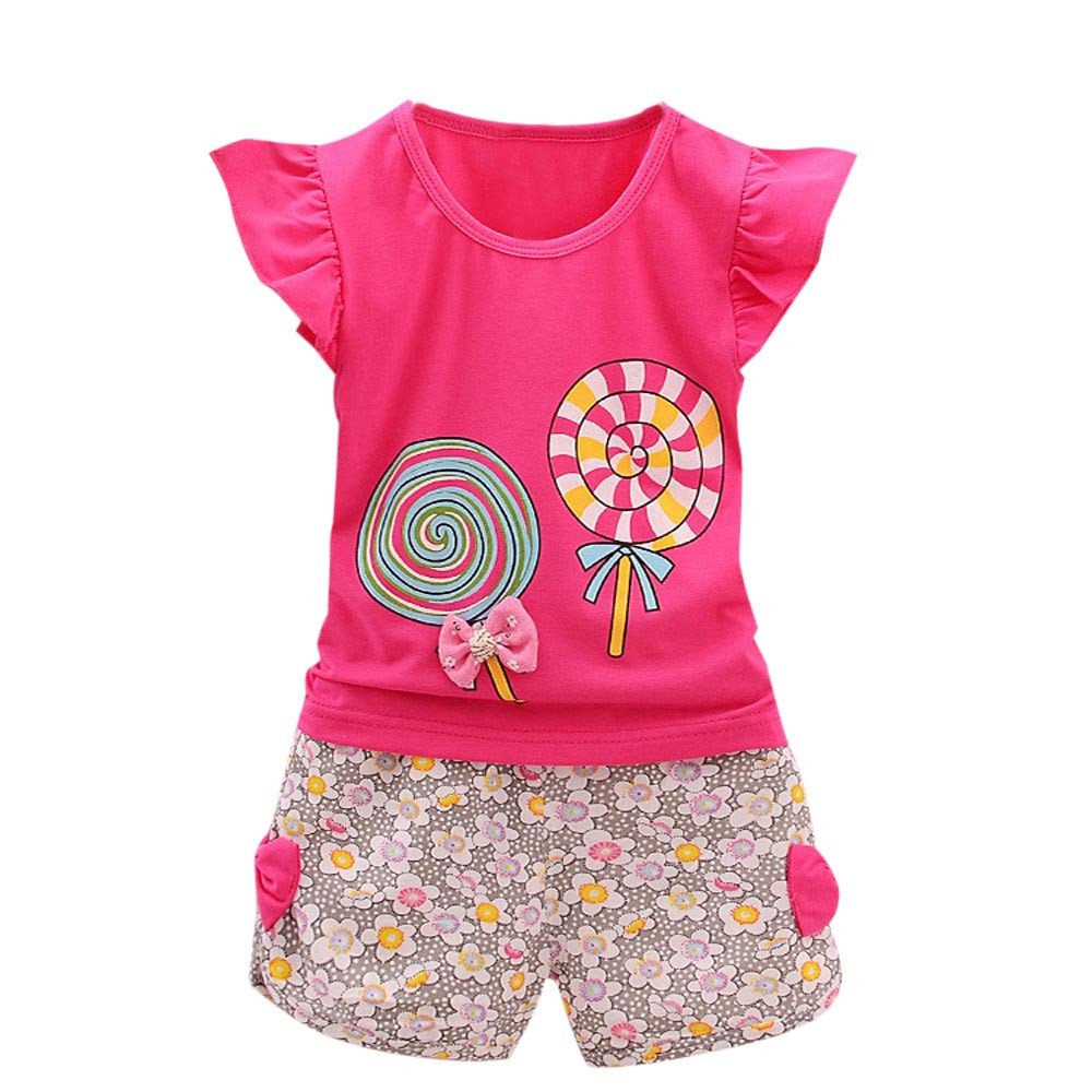 Kehen Toddler Baby Girls Summer Outfit Set - 2 Piece Lolly Print T-Shirt & Floral Shorts | Cute Playtime & Casual Wear