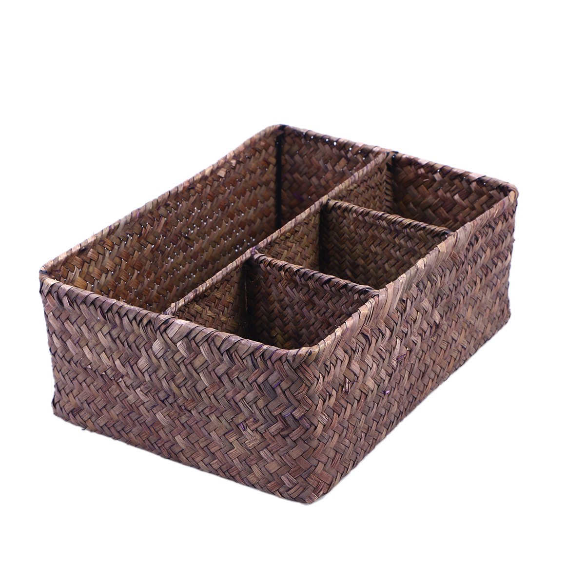 Stackable Wicker Makeup Organizer Drawer with Lid - Rectangular Seagrass Storage Baskets for Cosmetics | Desktop Woven Box for Beauty Products & Office Supplies
