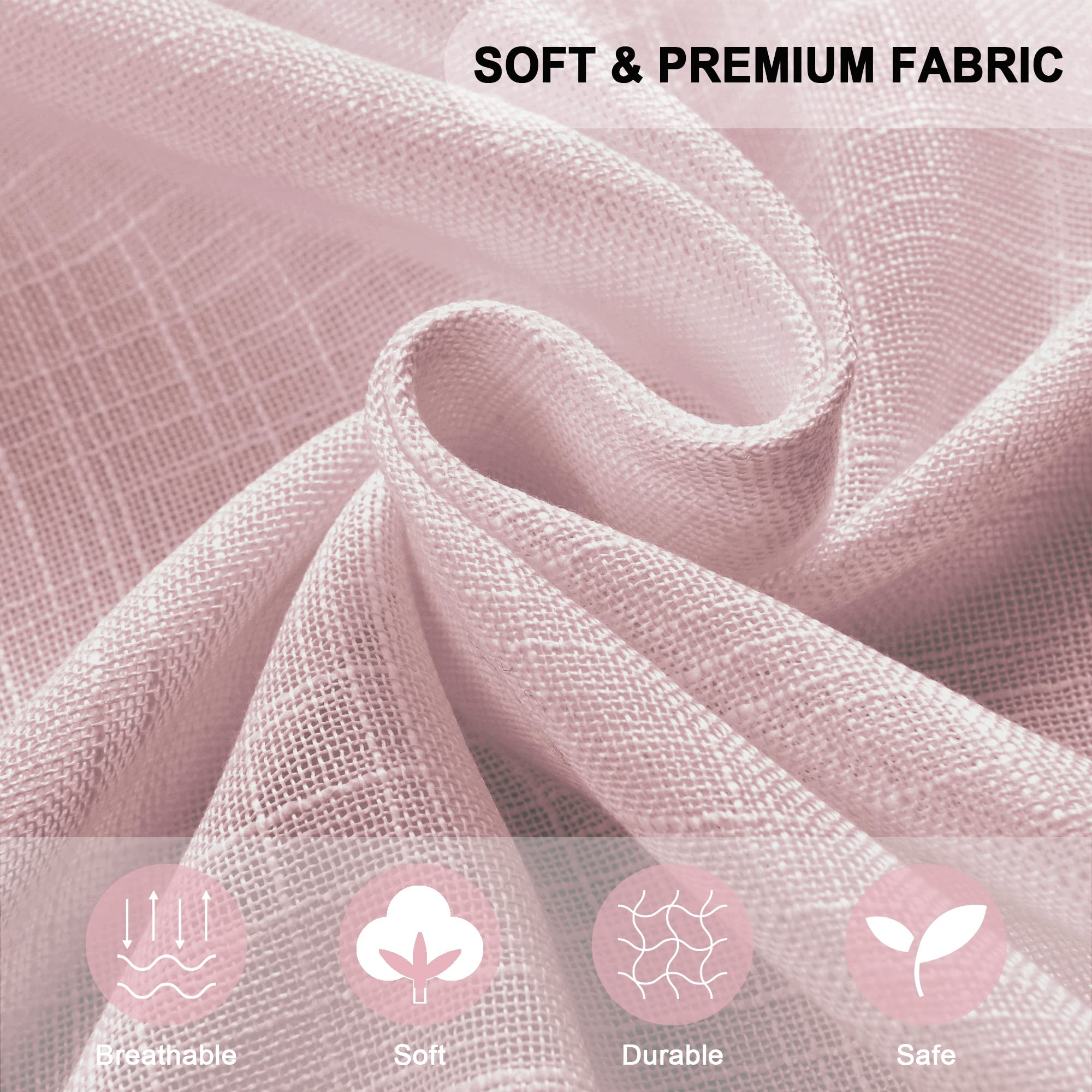 Kinryb Pink Sheer Curtains 52x36 Inches - Light Filtering Semi-Transparent Faux Linen Window Drapes with Rod Pocket, Soft Pink Kitchen Curtains for Small Windows (1 Pair) - Perfect for Bedroom, Living Room & Bathroom Privacy