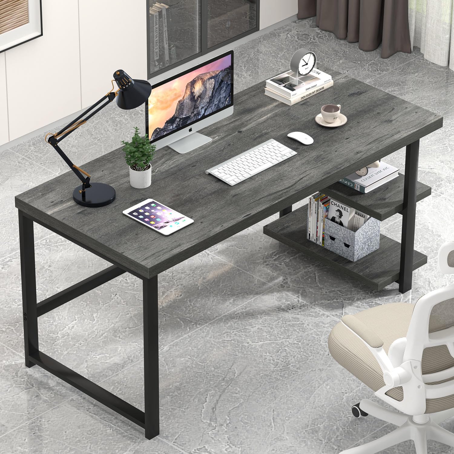 EXCEFUR 53 Inch Industrial Computer Desk with Storage Shelves - Sturdy Wood Study Writing Table for Home Office, Bedroom & Living Room - Grey | Perfect for Remote Work, Gaming & Study Spaces