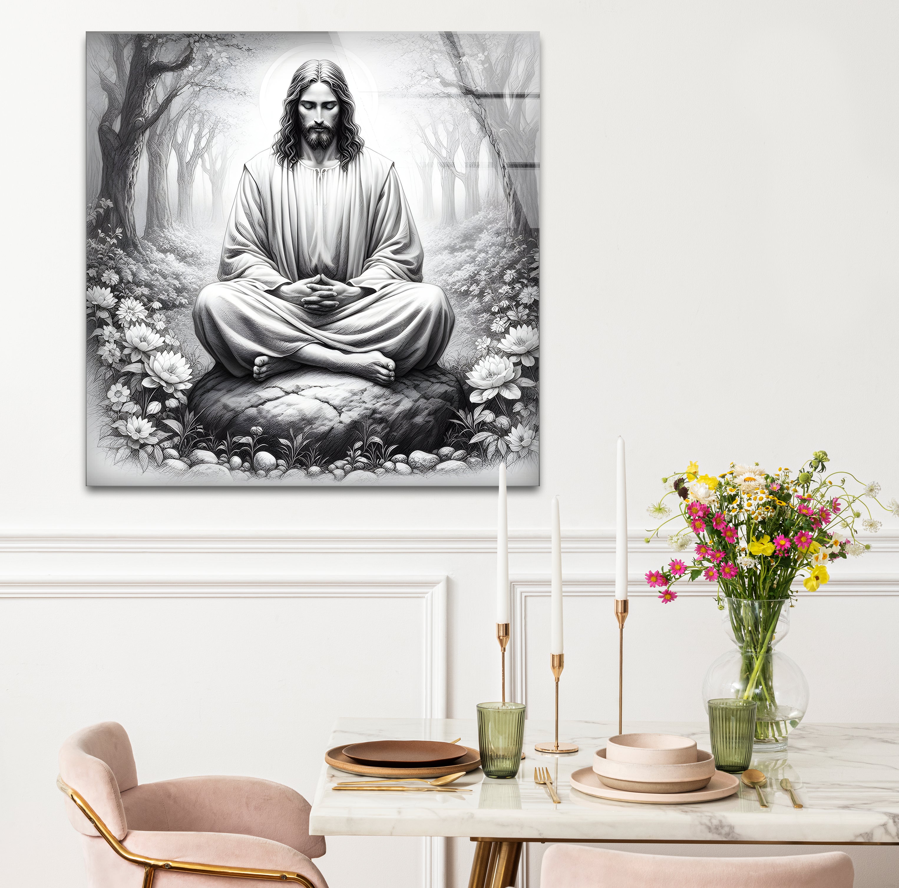 Black and White Jesus Glass Wall Art - Religious Home Decor for Living Room, Bedroom & Church
