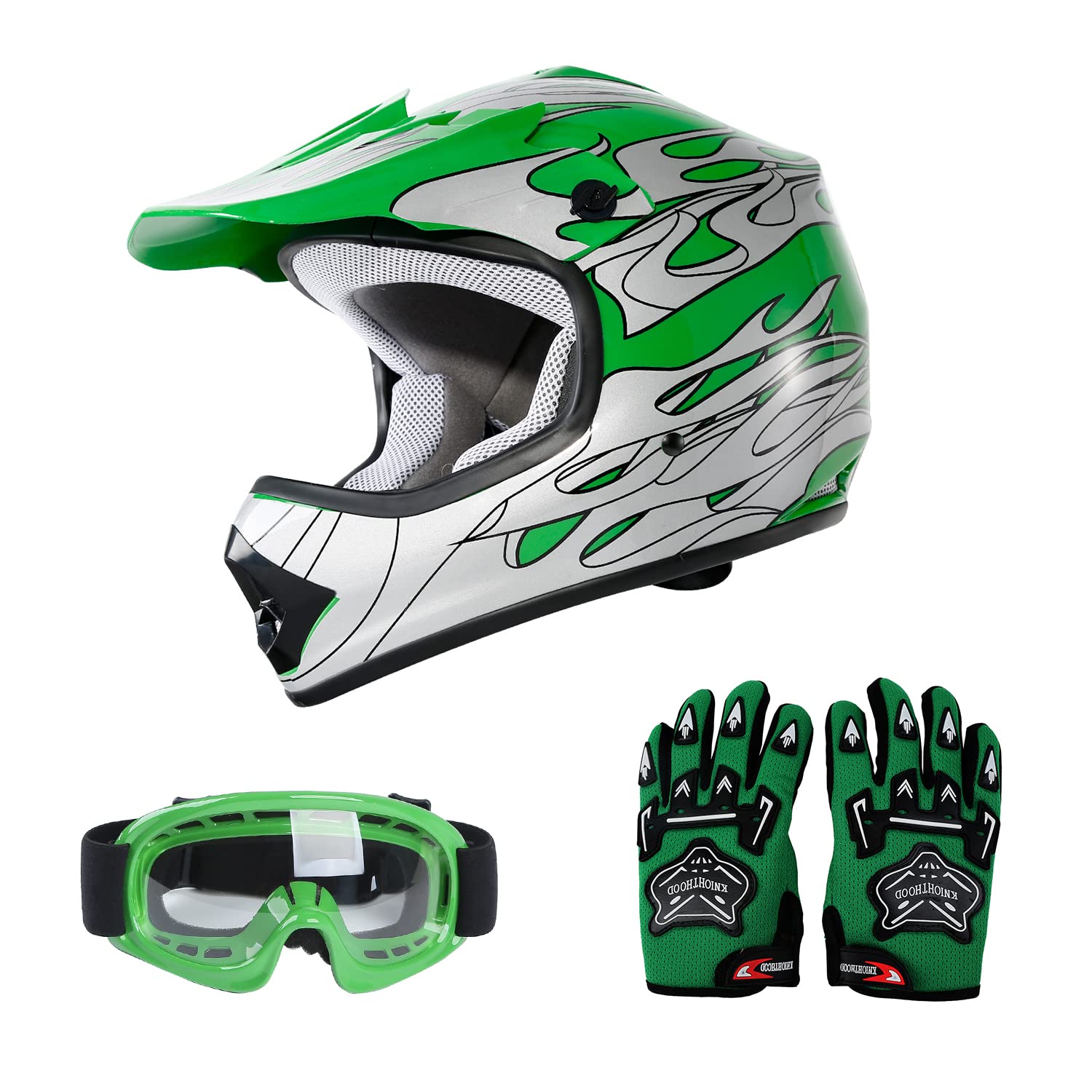 SLMOTO Dot Youth Kids Motocross Helmet - Offroad & Street Motorcycle Helmet for Dirt Bike & ATV - Green Flame Design with Goggles & Gloves - Perfect for Kids Riding, Racing, and Outdoor Adventures