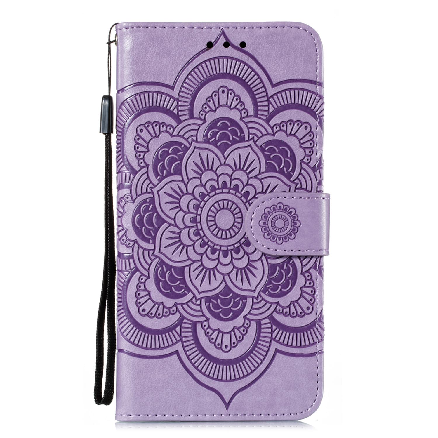 EYZUTAK Premium Leather Mandala Flip Wallet Case for iPhone SE (2022/5G), iPhone 7, iPhone 8, iPhone SE (2020) - Slim Magnetic Stand Cover with Card Slots & Lanyard, Embossed Purple Design - Perfect for Daily Use, Travel, and Business Meetings