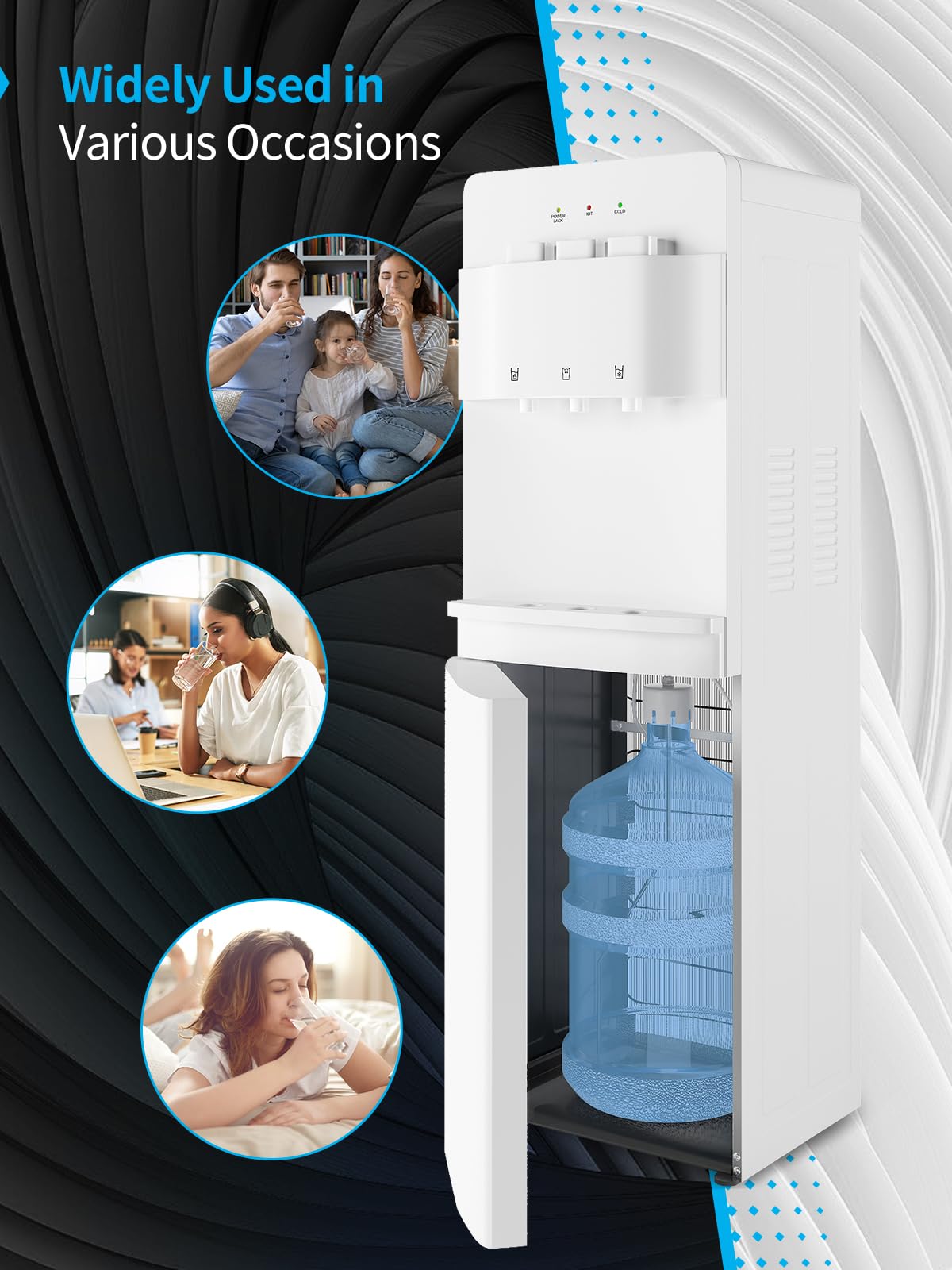 TABU 3/5 Gallon Water Dispenser with Hot, Cold & Room Temperature Settings - Self-Cleaning Bottle Loading Water Cooler with Child Safety Lock & Anti-Scalding Design (White) - Perfect for Home, Office & Dorm Use