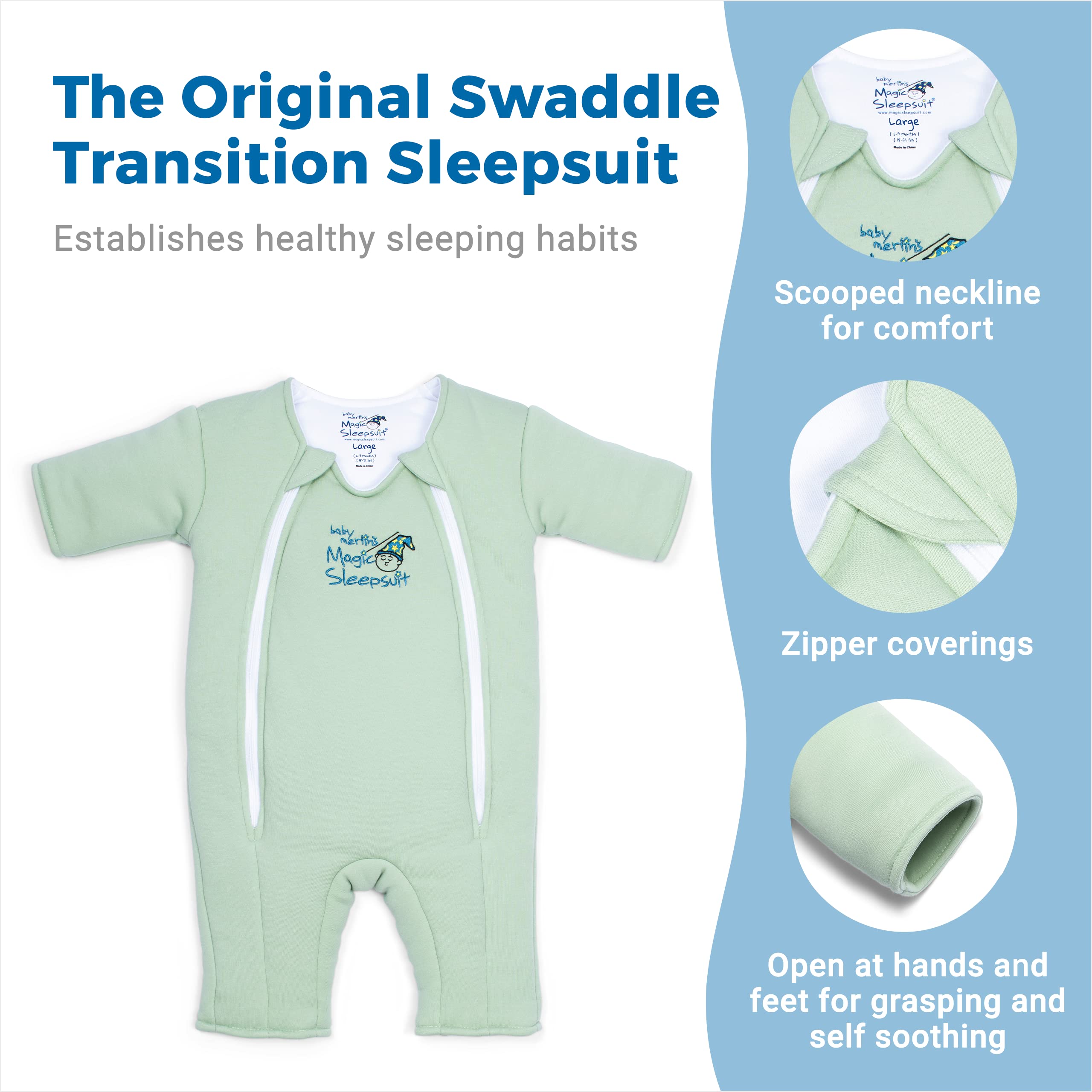 Baby Merlin's Magic Sleepsuit | 100% Cotton Transition Swaddle for Infants 6-9 Months | Soft Sage Green Sleepwear | Perfect for Helping Babies Transition from Swaddle to Sleep Sack