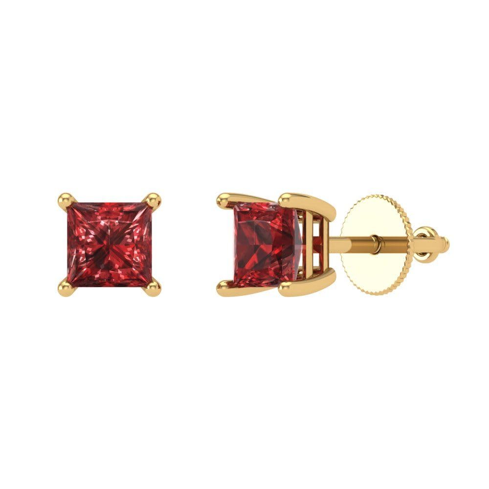 1.50 Carat Princess Cut Natural Garnet Stud Earrings in 14K Yellow Gold - Screw Back for Secure Fit - Perfect Anniversary Gift & Everyday Elegance