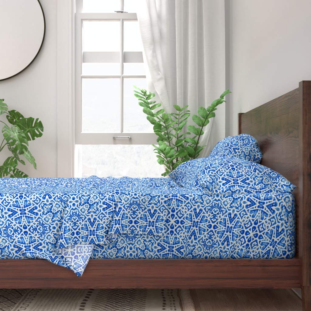 Premium 100% Cotton Twin Sheet Set (3-Piece) - Scandinavian Lace Cobalt Blue Floral Geometric White Watercolor Indigo Print | Soft Breathable Bedding for Guest Room, Dorm, or Master Bedroom